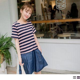Short Sleeve Stripe Panel Denim Dress
