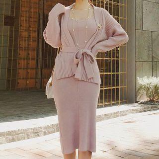Set: Sleeveless Square Neck Midi Sheath Dress + Tie-waist Cardigan