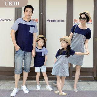 Family Colour Block Linen Cotton Short-sleeve Dress / Panel Short-sleeve T-shirt