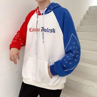 Color Block Paisley Lettering Hooded Sweatshirt
