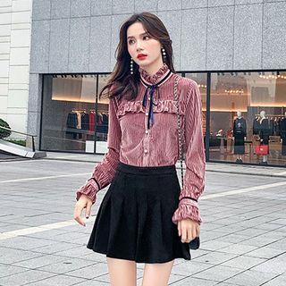 Set: Bell-sleeve Velvet Shirt + Mini Pleated Skirt