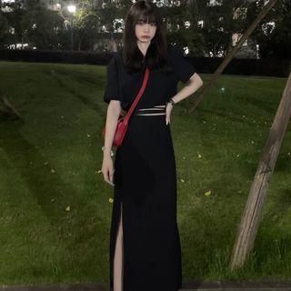 Short-sleeve Crop Shirt / Slit Midi A-line Skirt