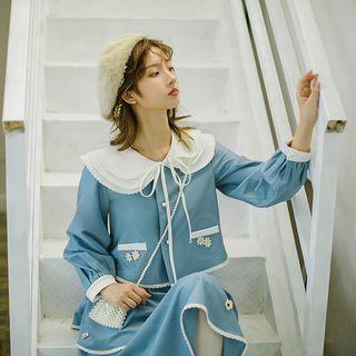 Puff-sleeve Wide Collar Faux Pearl Buttoned Top