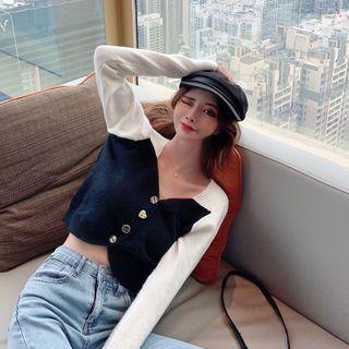 Square-neck Color-block Long-sleeve Sweater As Shown In Figure - One Size