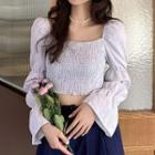 Bell-sleeve Square-neck Plaid Blouse