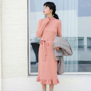 Long-sleeve Ruffle Hem Midi Dress With Sash