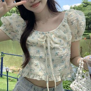 Puff-sleeve Floral Cropped Blouse Aqua Blue Floral - Off-white - One Size