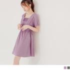 Short Sleeve Square Neck Pleated-front Lace Panel Mini A-line Dress