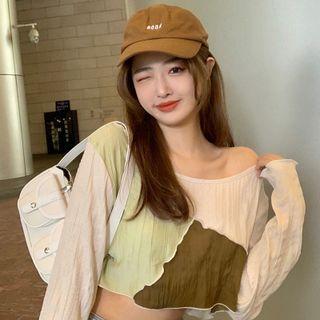 Long-sleeve Cropped Color Panel Top