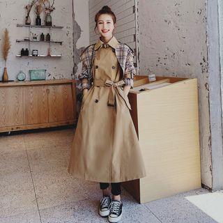 Double Breasted Plaid Panel Trench Coat