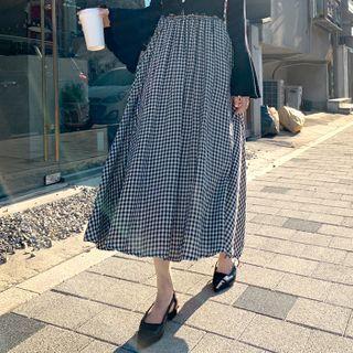 Tie-waist Gingham Long Flare Skirt