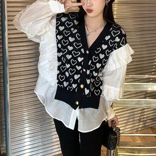 Ruffled Heart Print Paneled Blouse Black & White - One Size