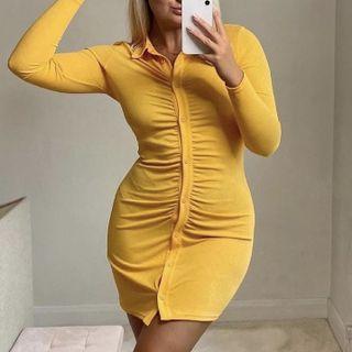 Long Sleeve Collared Button-up Mini Bodycon Dress