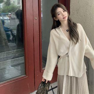 V-neck Plain Oversize Cardigan / High-waist Plain Pleated A-line Skirt