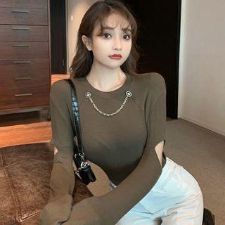 Long-sleeve Elbow-cutout Chained T-shirt