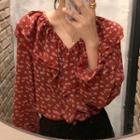 Bell-sleeve Floral Print Ruffled Blouse Red - One Size