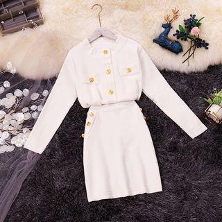 Set: Plain Cardigan + Straight-fit Mini Knit Skirt