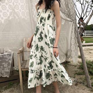 Flower Print Midi Spaghetti Strap Dress / Knitted Light Jacket