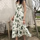 Flower Print Midi Spaghetti Strap Dress / Knitted Light Jacket