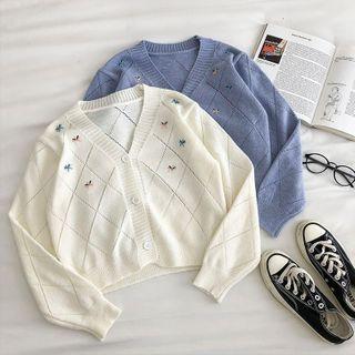 Embroidered V-neck Long-sleeve Cardigan