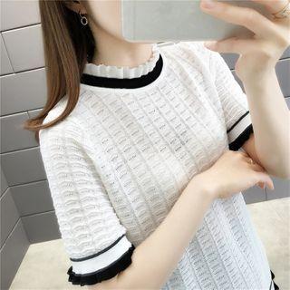Short-sleeve Patterned Ruffled Sweater