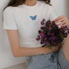 Mock-neck Butterfly Print Short-sleeve Cropped Tee