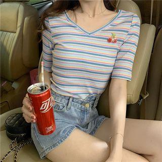 V-neck Striped Short-sleeve T-shirt As Shown In Figure - One Size