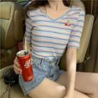 V-neck Striped Short-sleeve T-shirt As Shown In Figure - One Size