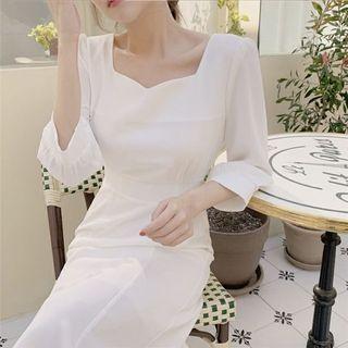 Plain Elbow-sleeve Tie-waist Midi A-line Dress