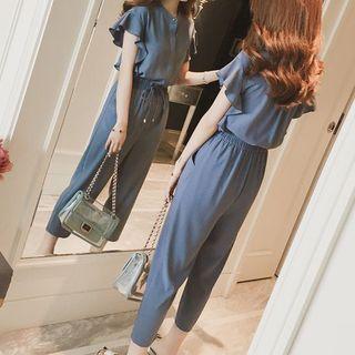 Set: Ruffled Short-sleeve Top + Cropped Straight-cut Pants