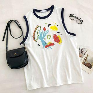 Color-block Trim Printed Crewneck Tank Top White - One Size