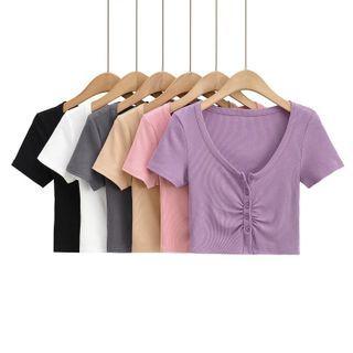 Short Sleeve V-neck Plain Crop Cardigan