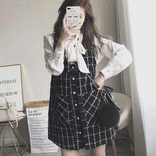 Bow Accent Blouse / Plaid Pinafore Dress