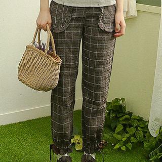 Beribboned Frilled Plaid Jogger Pants