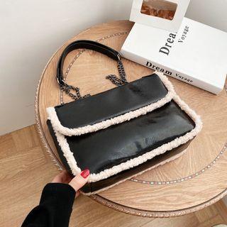 Fluffy Trim Chain Strap Crossbody Bag Black - One Size