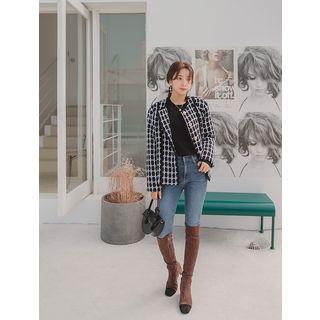 Round-neck Piped Plaid Tweed Jacket