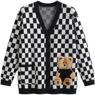 Checkerboard Bear Embroidered Cardigan Black & White - One Size