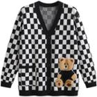 Checkerboard Bear Embroidered Cardigan Black & White - One Size