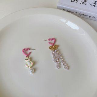 Asymmetrical Bear Faux Pearl Stud Earring 1 Pair - S925 Silver - Pink & White - One Size