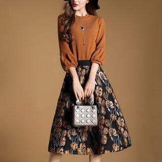 3/4-sleeve Floral Panel A-line Midi Dress