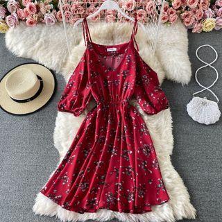 Cold Shoulder V-neck Floral Print Dress