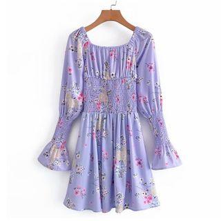 Long-sleeve Floral Print Shirred Dress