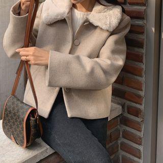 Furry-collar Woolen Jacket Oatmeal - One Size