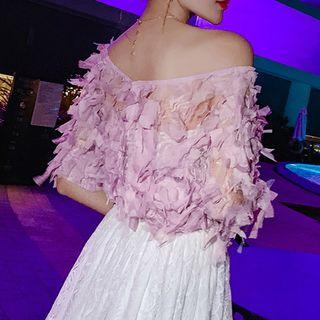 V-neck Elbow-sleeve Top Purple - One Size