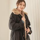 Faux-fur Collar Buttoned Safari Coat Black - One Size