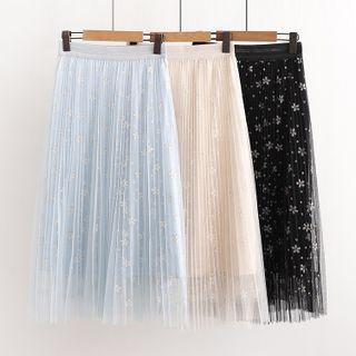 Floral Print Mesh Accordion Pleat Midi A-line Skirt