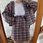 Buttoned Plaid Jacket / Mini Pencil Skirt