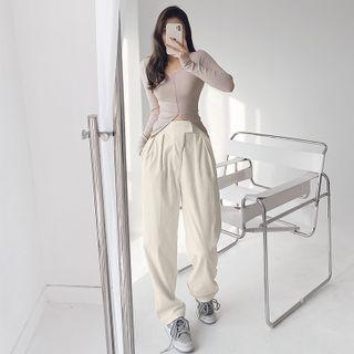 Adhesive-belt Corduroy Straight-cut Pants