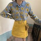 Long-sleeve Floral Printed Knit Polo Shirt / High-waist Plain A-line Skirt