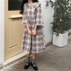 Plaid 3/4-sleeve Midi A-line Dress As Shown In Figure - One Size